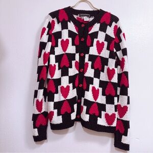 Vintage South Cotton Hand Loomed Heart-Check Cardigan Sweater Black/White/Red S